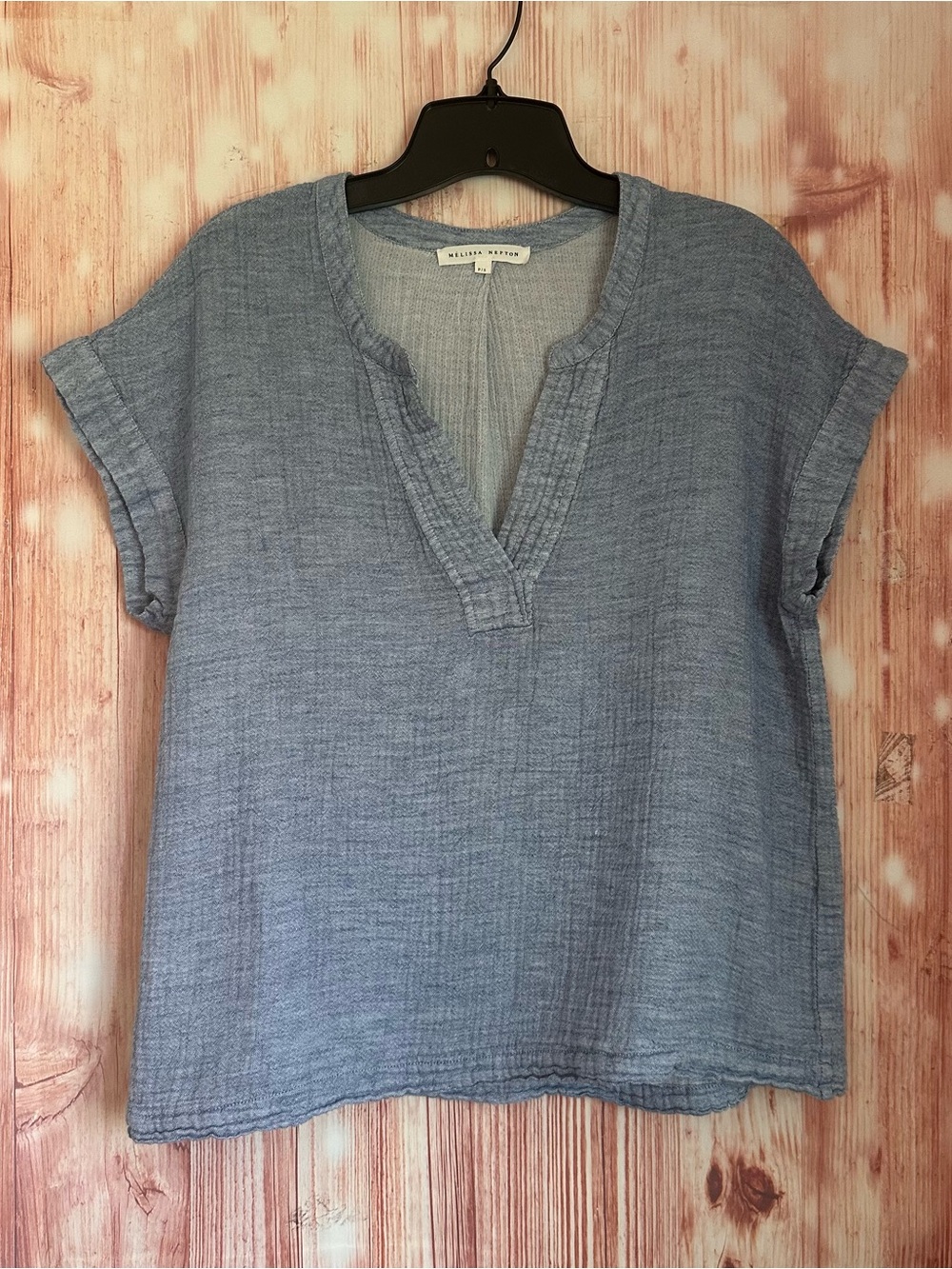 Melissa Nepton Blue Chambray Textured Split Neck Boxy Blouse Size S